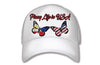 Pinay Life in USA logo cap in all white, showing group logo along with two butterflies in Philippines & American flag colors on front white panel.