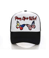 Pinay Life in USA logo cap in black & white, showing group logo along with two butterflies in Philippines & American flag colors on front white panel.