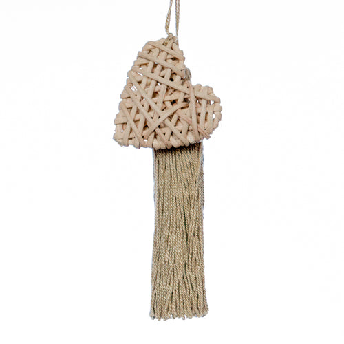 Handbag charm accessory, hand made in Philippines in shape of a small heart woven from natural rattan with a yarn tassel in khaki.