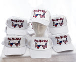 Group of Pinay Life in USA logo caps in all white, showing group logo along with two butterflies in Philippines & American flag colors hand printed on front white panel.