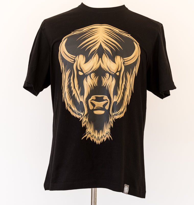 Black T-shirt front side showing face of American Buffalo hand printed in gold & yellow colors.