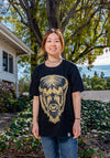 Black T-shirt front side showing face of American Buffalo hand printed in gold & yellow colors, pictured on female model.