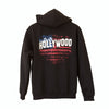 Heavyweight black hoodie hand printed in Philippines with Hollywood Sign motif in red, white & blue on back.