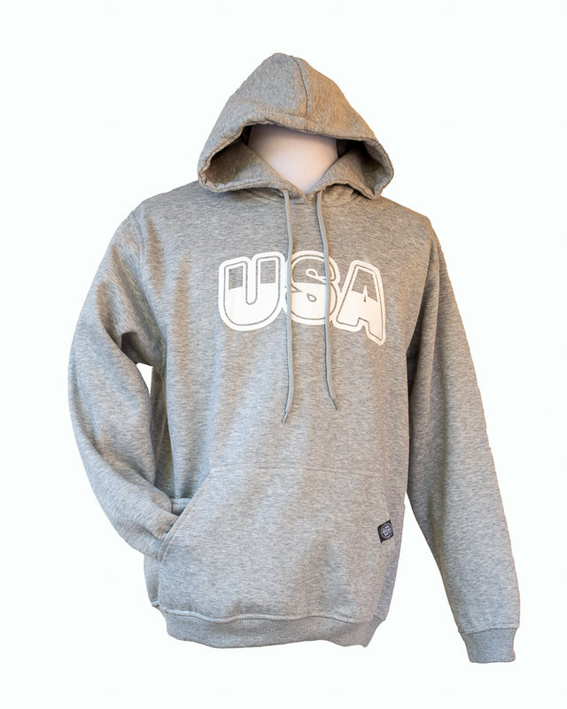 Cozy hoodie hand printed in Phhilippines, front view showing handwarmer pocket & USA printed in gray & white.