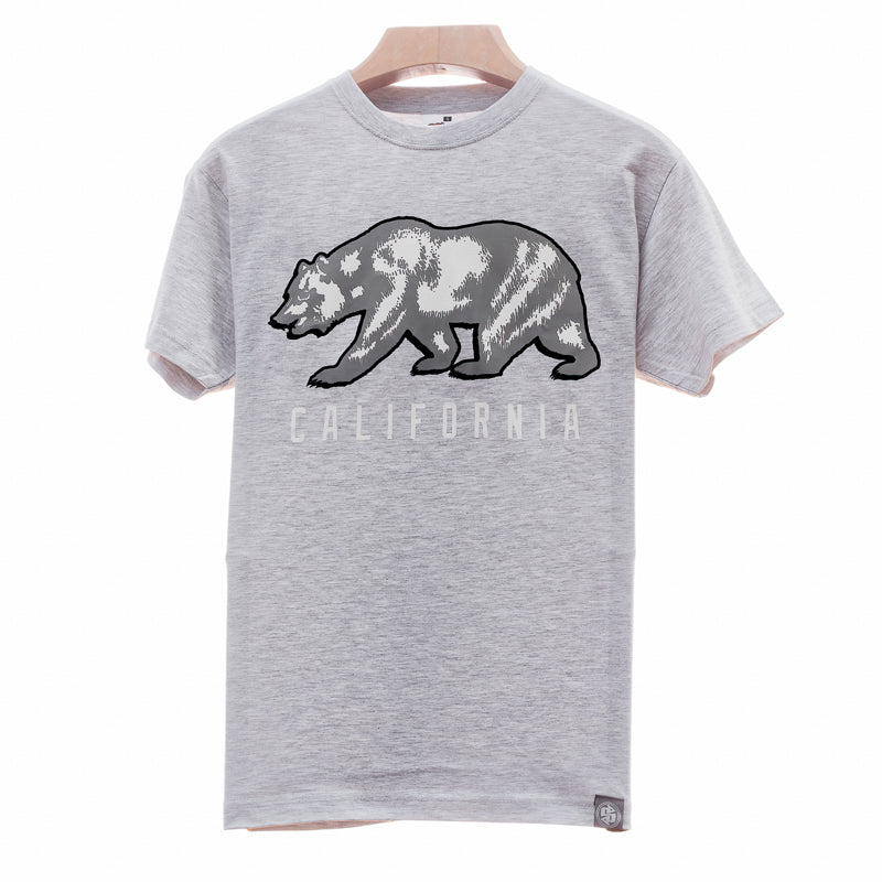 Gray hand printed T-shirt, front side showing the California Bear & text California in black, white & gray colors.