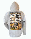 Heavyweight gray hoodie hand printed in Philippines showing Philippines Jeepney motif printed on back in front of beach scene with palm tree & elements of Philippines flag.